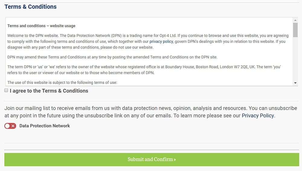 The Data Protection Network: Registration form with clickwrap consent for Terms and Conditions and joining mailing list