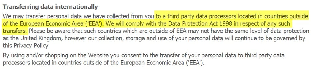 Debenhams Privacy Policy: Transferring data internationally clause