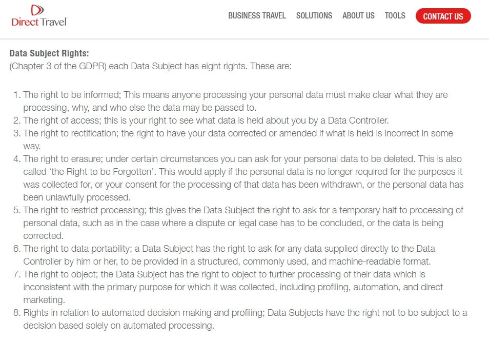 Direct Travel Privacy Policy: Data Subject Rights clause: GDPR