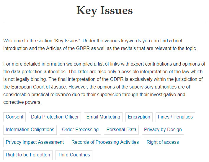 GDPR Info: Key Issues section