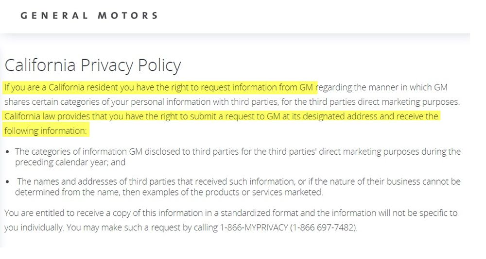 General Motors California Privacy Policy clause