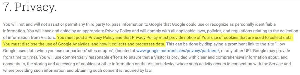 Google Analytics Terms of Service: Privacy clause highlighted