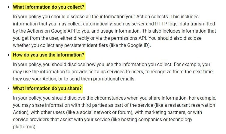 Google Developer Privacy Policy Guidance: How to disclose what information you collect, how you use and store it section