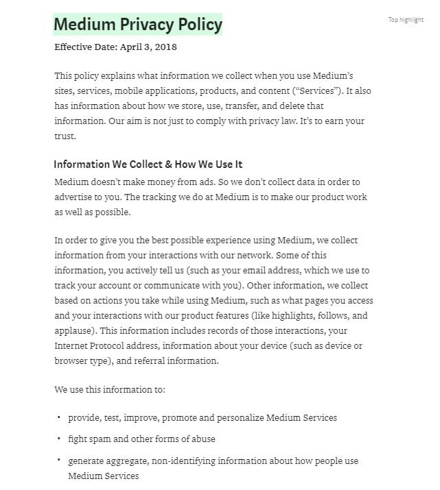 Medium Privacy Policy: Information We Collect and How We Use It clause