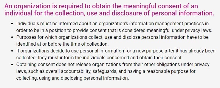 Office of the Privacy Commissioner of Canada: Guidelines for Online Consent: Section describing meaningful consent