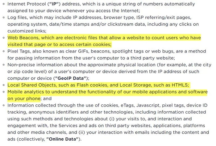 Ookla Privacy Policy: What information we collect clause highlighted