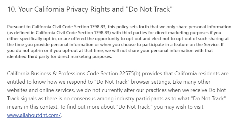 Pandora Privacy Policy: Your California Privacy Rights and &quot;Do Not Track&quot; clause