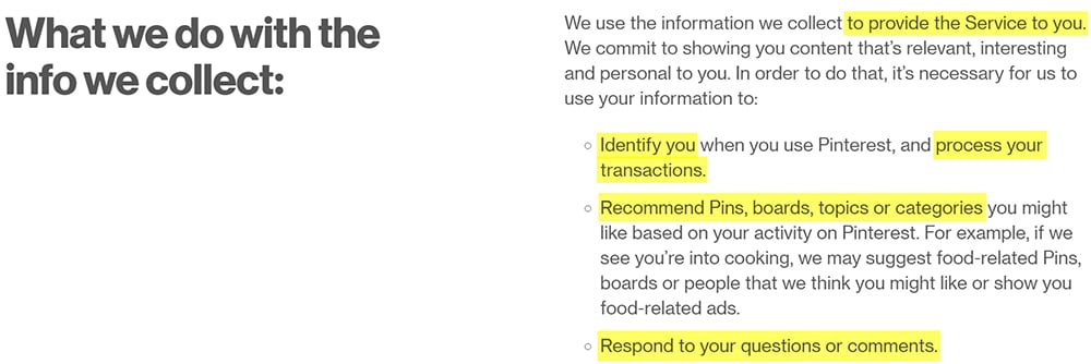 Pinterest Privacy Policy: What we do with the info we collect clause