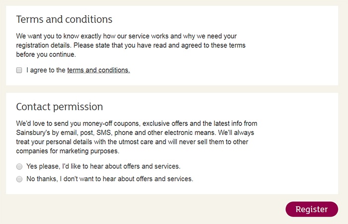 Sainsbury&#039;s register form with clickwrap consent for Terms and Conditions and contact permission