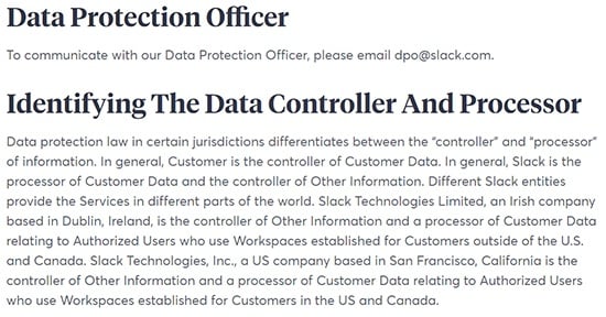 Slack Privacy Policy: Data Protection Officer and Identifying the Data Controller and Processor clauses