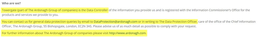 Towergate fair Processing Notice: Who are we clause: GDPR data controller contact information