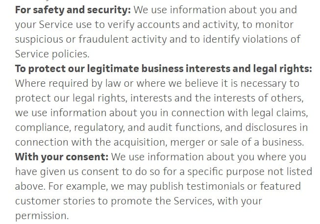 Trello Privacy Policy: Information we collect clause excerpt covering legitimate interests, security and consent