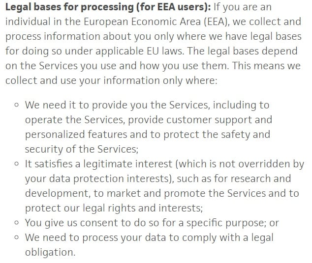 Trello Privacy Policy: Legal bases for processing for EEA users clause