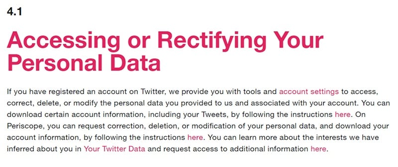 Twitter Privacy Policy: Accessing or Rectifying Your Personal Data clause