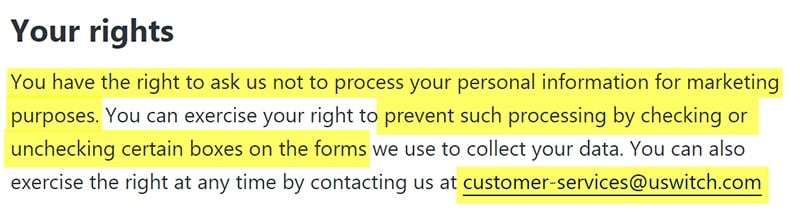 uSwitch Privacy Policy: Your rights clause: GDPR