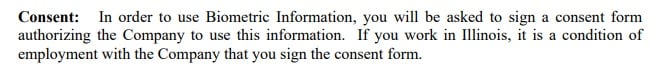 EmployBridge Biometric Information Privacy Policy: Consent clause