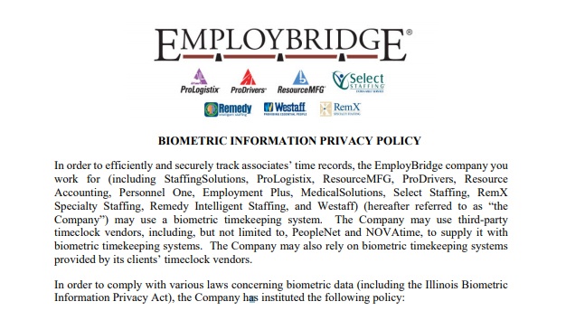 EmployBridge Biometric Information Privacy Policy: Intro clause