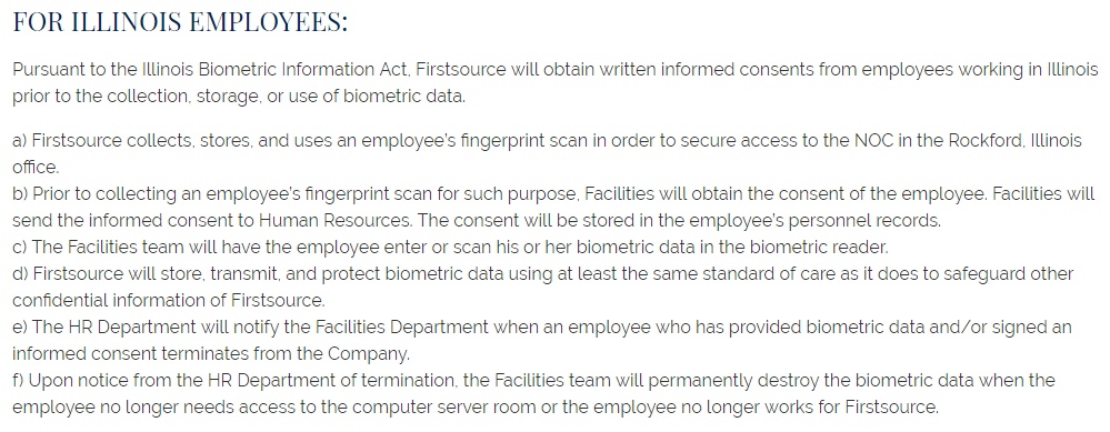 Firstsource: Biometric Information Security Policy: For Illinois Employees clause