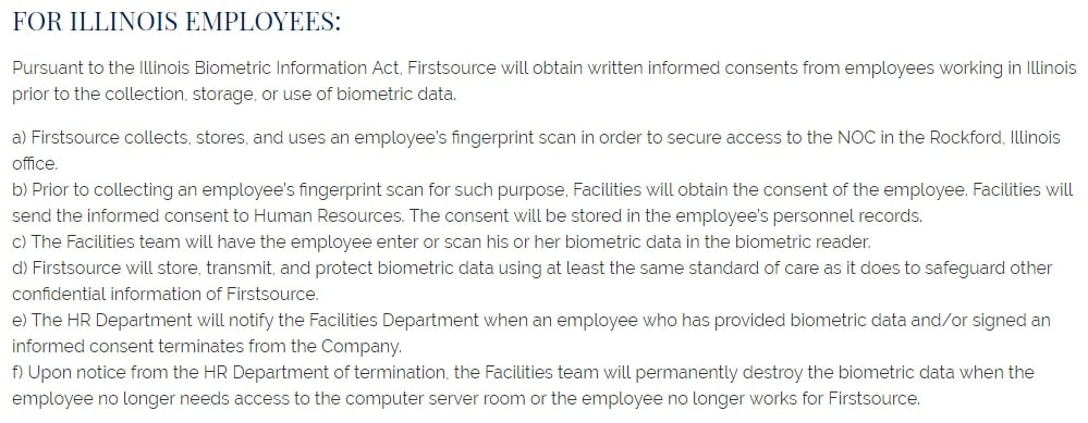 Firstsource: Biometric Information Security Policy: For Illinois Employees clause