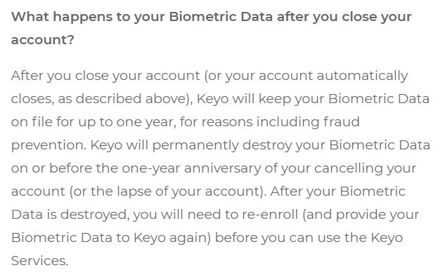 Keyo Biometric Data Policy: What happens to biometric data after you close your account clause