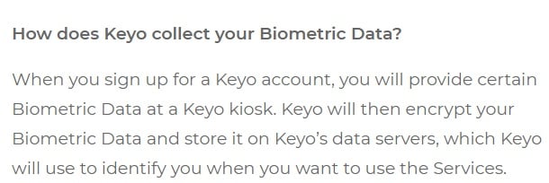 Keyo Biometric Data Policy: How does Keyo collect your biometric data clause