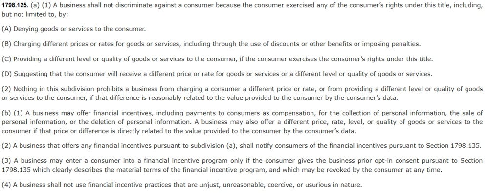 California Consumer Privacy Act CCPA - Section 1798:125 - No discrimination clause