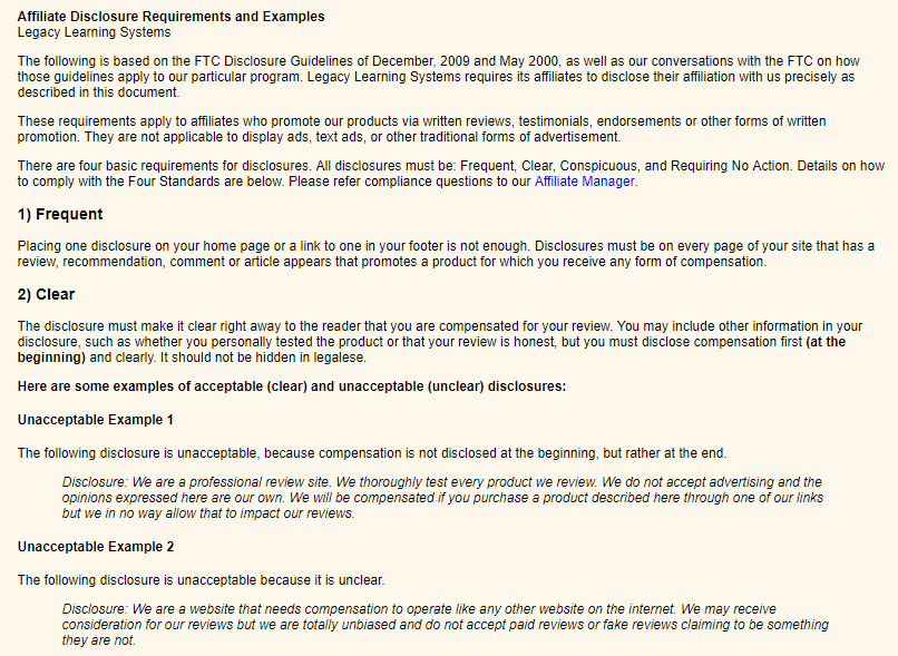 Screenshot excerpt of Legacy Learning Systems Affiliate Disclosure Requirements and Examples
