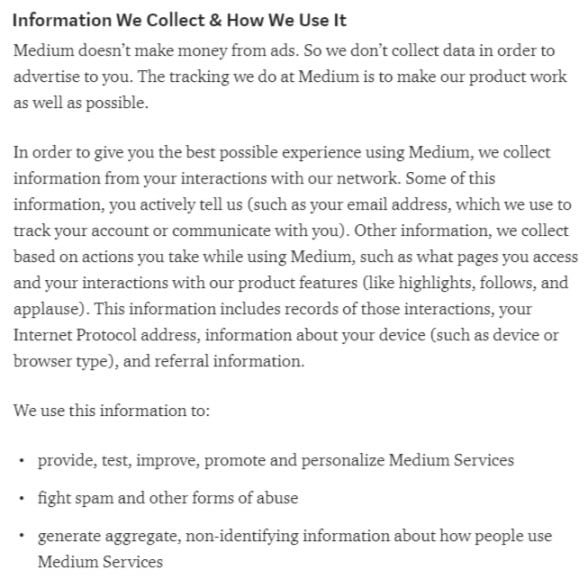 Screenshot of Medium Privacy Policy excerpt: Information we collect and how we use it clause