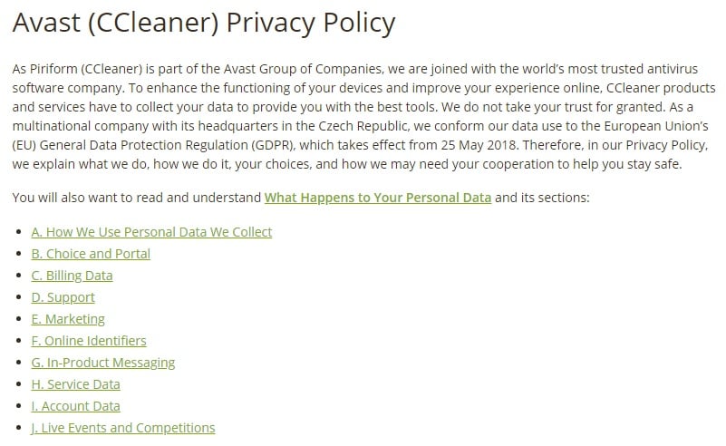 Avast Privacy Policy: Intro and links sections