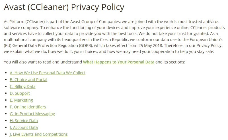 Avast Privacy Policy: Intro and links sections