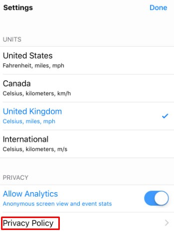 Dark Sky mobile app: Settings menu with Privacy Policy link highlighted
