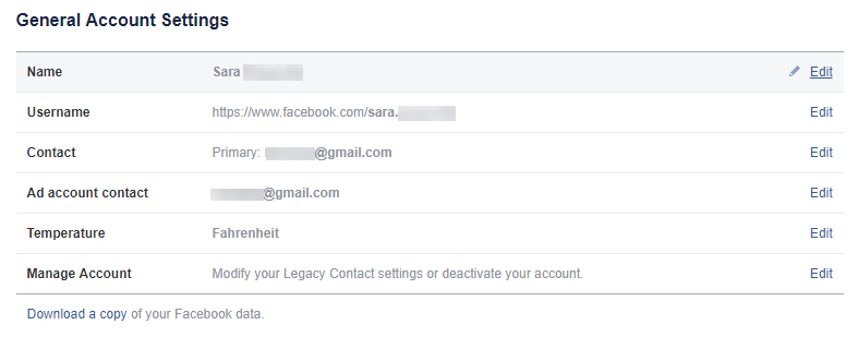 Facebook General Account Settings screen