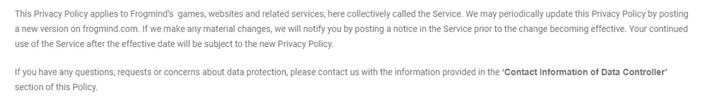 Frogmind Privacy Policy intro: Contact us section