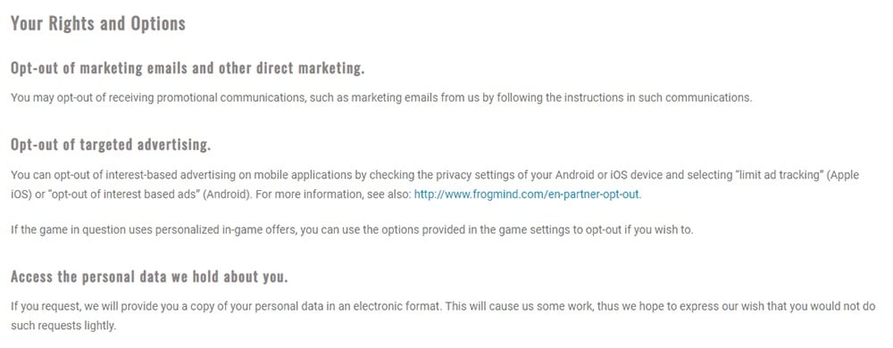 Frogmind Privacy Policy: Your Rights and Options clause