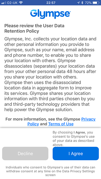 Glympse mobile app: User Data Retention Policy with I Agree button