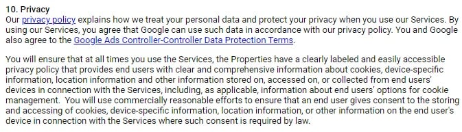 Google AdSense - AdMob Terms of Service: Privacy clause with Privacy Policy requirement