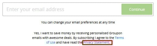Groupon email sign-up form with Privacy Statement link highlighted