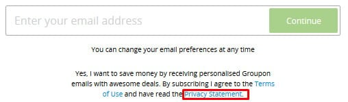 Groupon email sign-up form with Privacy Statement link highlighted