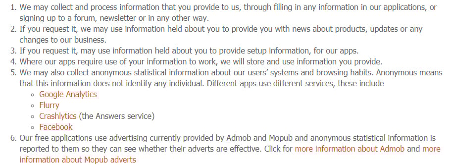 Hobbyist Software Privacy Policy: First six clauses