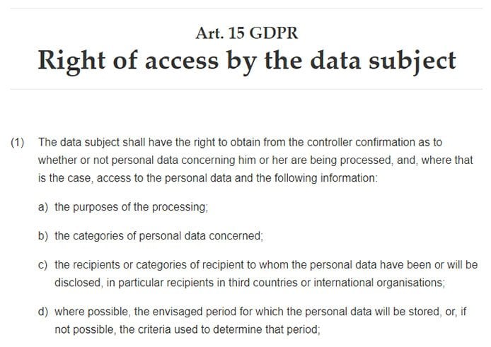 Intersoft Consulting: GDPR Article 15: Right of access by the data subject