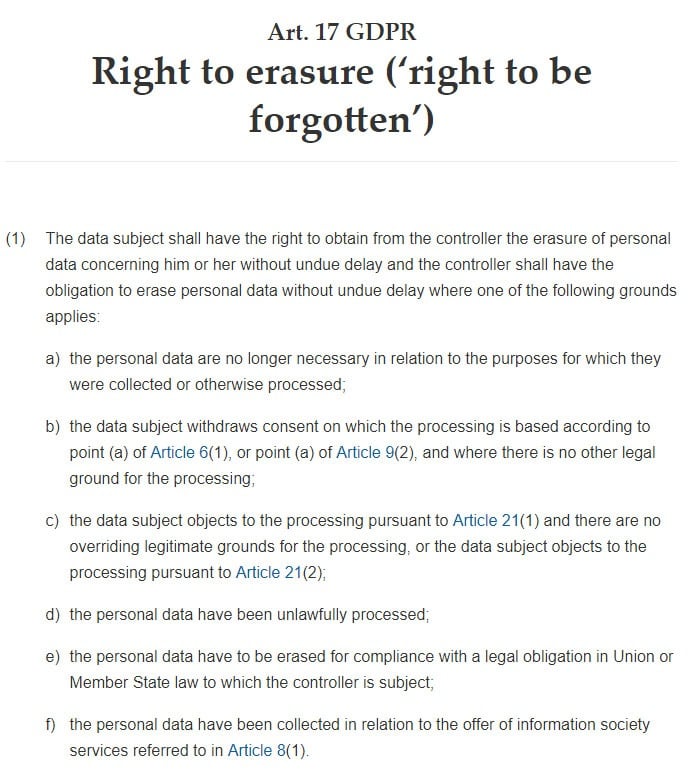 Intersoft Consulting: GDPR Article 17 - Right to erasure (right to be forgotten)