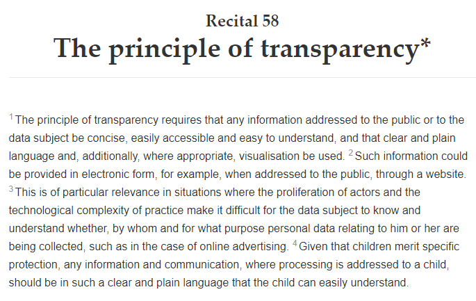 Intersoft Consulting: GDPR Recital 58 - The principle of transparency
