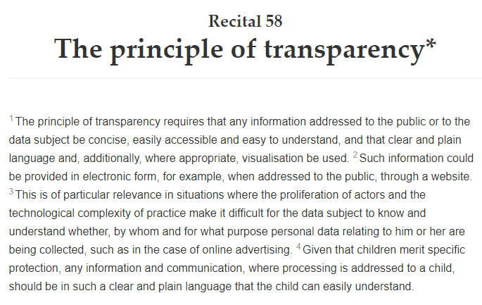 Intersoft Consulting: GDPR Recital 58 - The principle of transparency