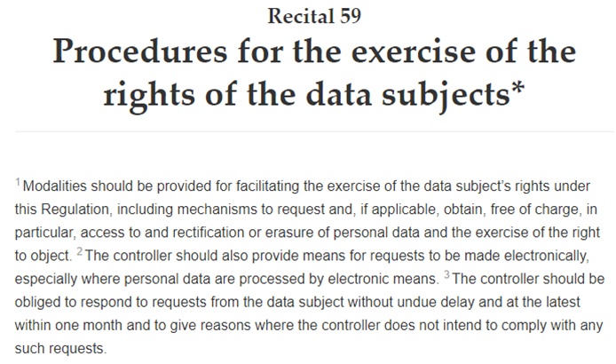 Intersoft Consulting: GDPR Recital 59 - Procedures for the exercise of the rights of the data subjects