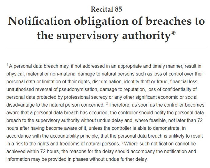 Intersoft Consulting: GDPR Recital 85 - Notification obligation of breaches to the supervisory authority