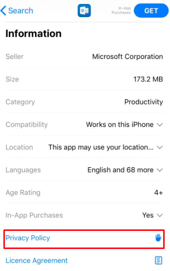 Microsoft Outlook iOS app store listing with Privacy Policy link highlighted