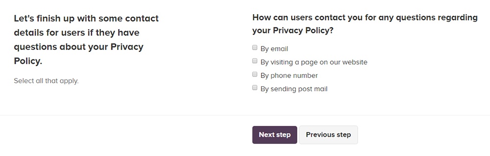 PrivacyPolicies.com: Privacy Policy Generator - Select ways you wish to allow your users to contact you - Step 4