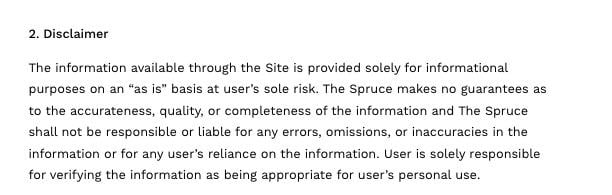 The Spruce Eats Terms of Use: Disclaimer clause