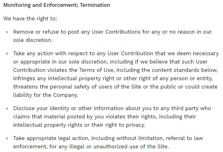 The Spruce Eats Terms of Use: Monitoring and Enforcement/Termination clause