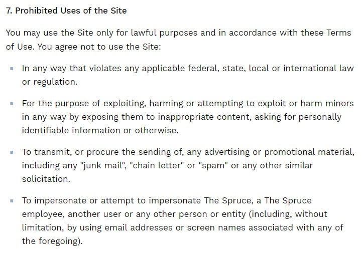 The Spruce Eats Terms of Use: Prohibited Uses of the Site clause